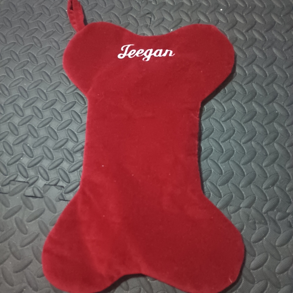 Velvet Dog Puppy Bone maroon Christmas Stocking Monogram "Jeegan"
